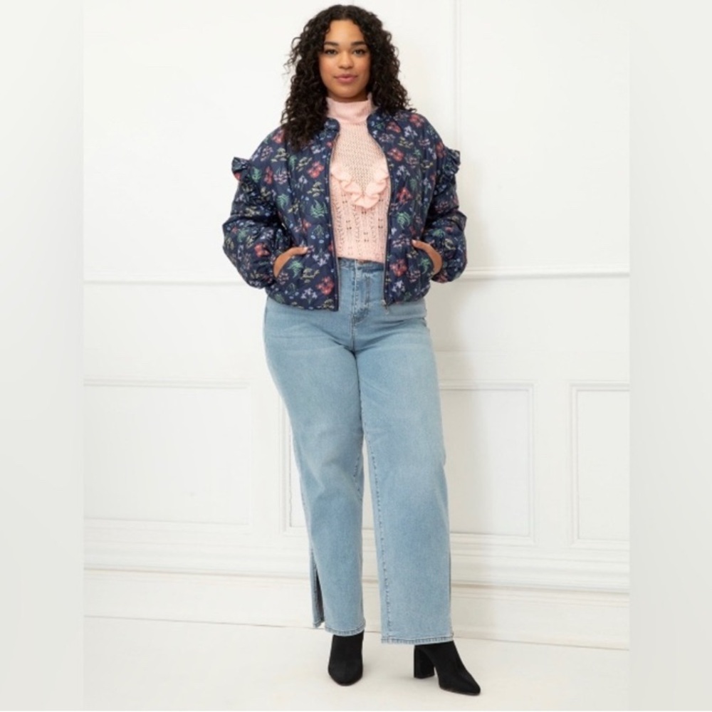 Eloquii women’s Floral Blue Puffer Bomber Jacket, size 14 plus size winter coat